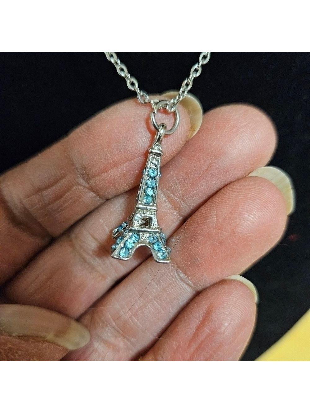 4-sided Blue Rhinestone Eiffel Tower Pendant Necklace
